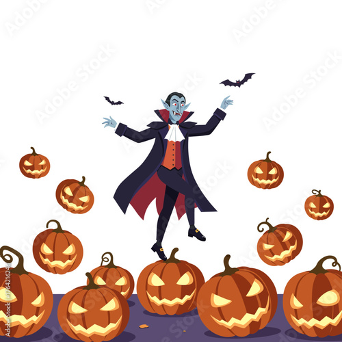Playful cartoon vampire dances around grinning jack-o'-lanterns with flying bats, capturing the spooky fun and festive essence of an autumn Halloween celebration