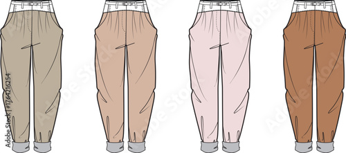 Vector illustration set of women's casual jogger pants technical flat sketches. Apparel design template mock-up in neutral colorways
