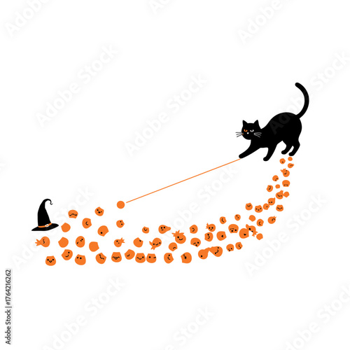 A mischievous black cat playfully chases a trail of mini pumpkins, leading towards a witch hat in a whimsical Halloween-themed illustration