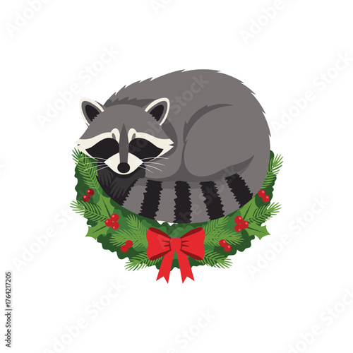 Cute raccoon sleeping peacefully on a festive christmas wreath with red bow vector Christmas