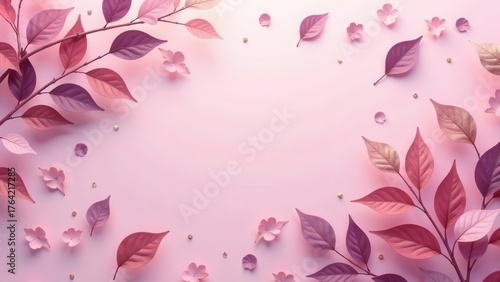 Delicate blush petals and leaves with subtle golden accents against a soft pink backdrop