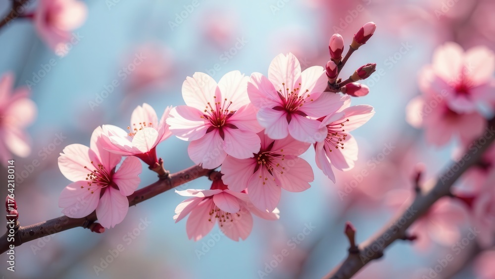 Obraz premium Delicate pink blossoms adorning a branch under a soft blue sky signal the arrival of a new season