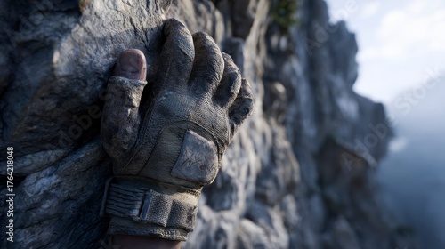 Climber glove gripping rock surface during mountain ascent adventure