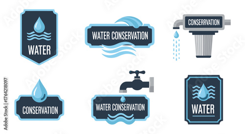 A collection of vector illustrations highlighting water conservation efforts, featuring water drops, faucets, and related signage for environmental awareness.
