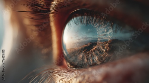 Close-up of human eye reflecting digital technology interface