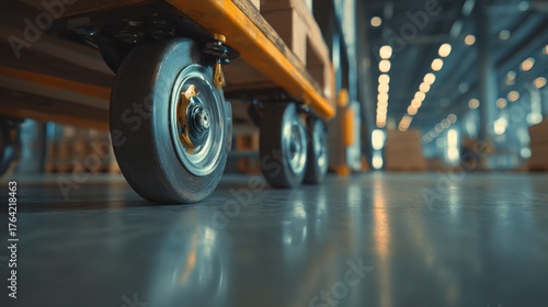 Warehouse trolley wheels on polished floor in logistics center