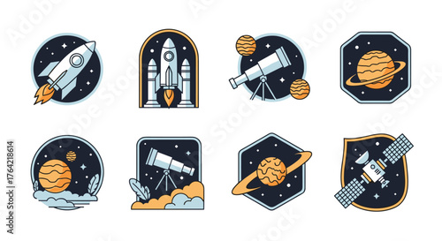 A collection of colorful space-themed vector illustrations, featuring rockets, telescopes, planets, and a satellite against a starry background.