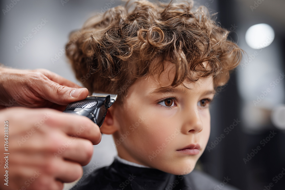 Naklejka premium A boy is getting his hair cut by a man