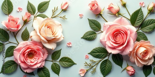 Delicate pastel roses and lush green foliage artfully arranged on a serene light blue background, evoking natural beauty and gentle romance