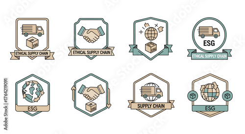 A collection of ethical supply chain and ESG icons featuring trucks, handshakes, and a globe, perfect for business and environmental concepts.