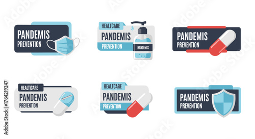 A set of six vector illustrations depicting various methods of healthcare and pandemic prevention, including masks and sanitizers.
