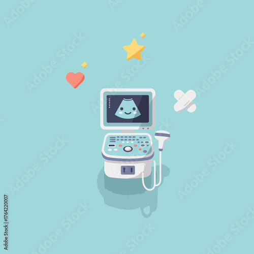 A delightful cartoon illustration showcases a modern ultrasound machine displaying a happy baby, symbolizing prenatal care, medical technology, and the joy of new life.
