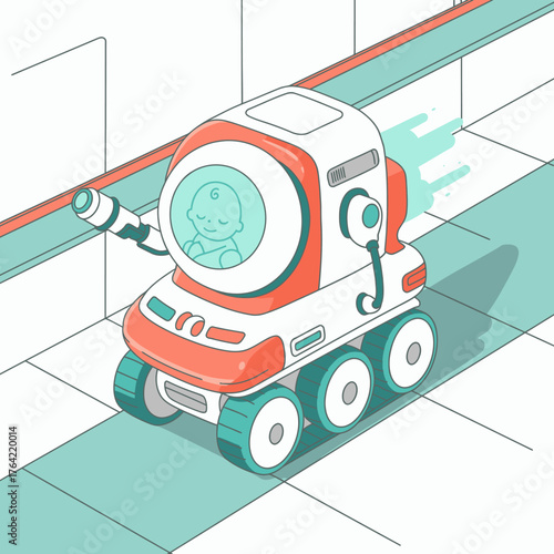 A sleek, autonomous vehicle safely transports a peacefully sleeping infant in a futuristic, sterile environment, highlighting advanced robotic childcare solutions.