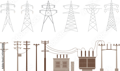 Electric power transmission towers and distribution poles vector illustration showing electricity pylons, substations, and infrastructure design for industrial energy projects.