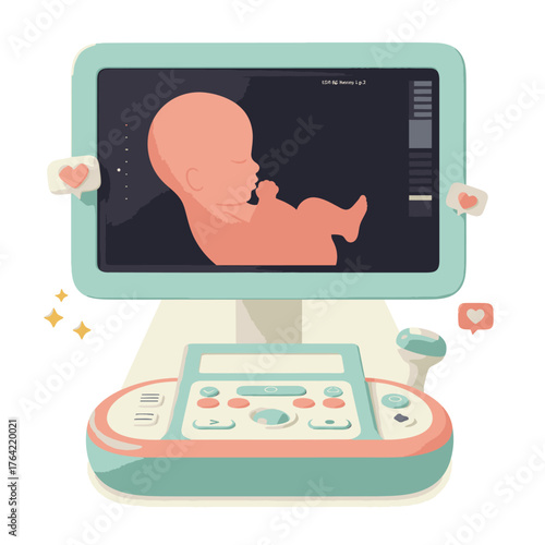A delightful illustration shows a developing fetus on an ultrasound screen, symbolizing modern prenatal care, early life, and the exciting journey of pregnancy.