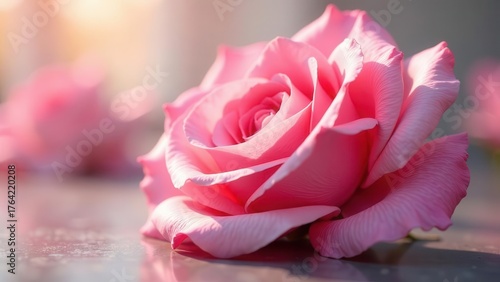 Gentle pink rose petals unfurling gracefully in warm, diffused light, a symbol of delicate beauty and soft affection