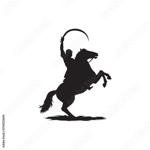 black silhouette of a rider on a rearing horse with sword vector art.