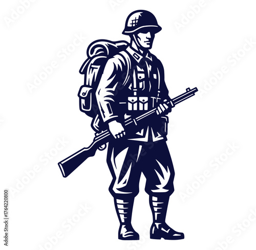 Silhouette illustration of a standing soldier wearing military uniform and carrying a rifle