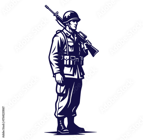 Silhouette illustration of a standing soldier wearing uniform with rifle on shoulder