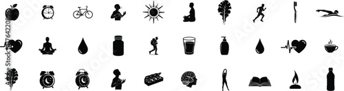Healthy lifestyle and wellness icon set. Containing apple, water, exercise, time, heart, brain, book, sun. Editable vector illustration