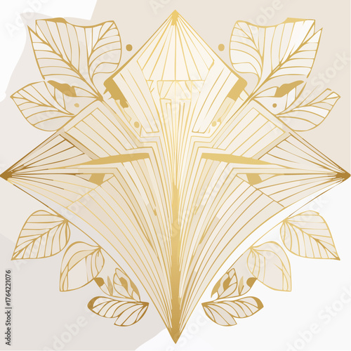 Vector abstract geometric golden background. Art deco wedding, party pattern, geometric ornament, linear style with leaves.