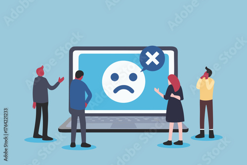 Frustrated people looking at a laptop screen displaying a sad face emoji and an error symbol
