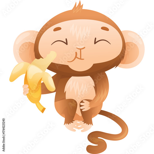 Photography Happy cartoon monkey eating a banana with a transparent background suitable for