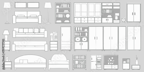 Collection of hand drawn furniture icons and illustrations for interior design and home decor projects