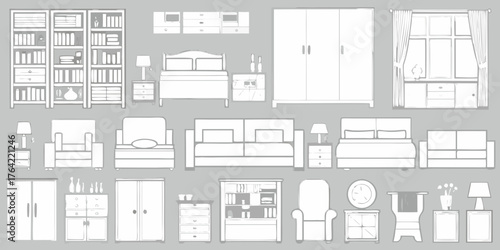 Collection of hand drawn white furniture elements on a gray background for interior design