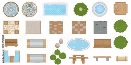 Top down view collection of garden elements and outdoor furniture for landscape design