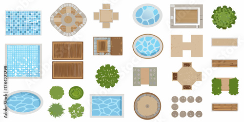 Top down view collection of outdoor living elements including pools furniture and greenery