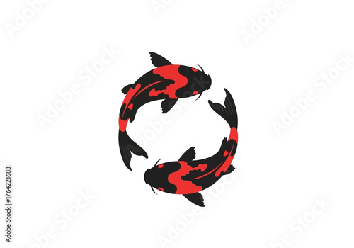 Two koi fish one above the other curving towards each other to form a circle on a white background