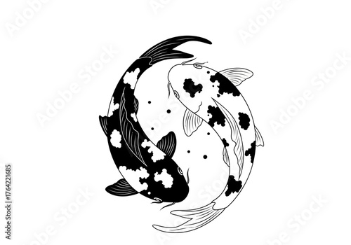 Two koi fish one black with white spots one white with black spots arranged in a yinyang like circular shape