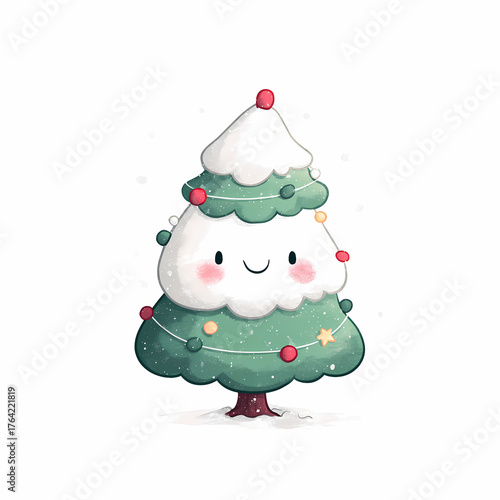 Delightful Watercolor Christmas Tree adorned with string lights and cute ornaments brings a heartwarming holiday spirit Cute facial expression!