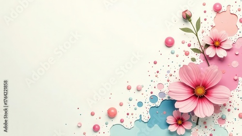 A gentle scattering of pastel blossoms and shimmering spheres adorns a soft, blank canvas for your creative expression