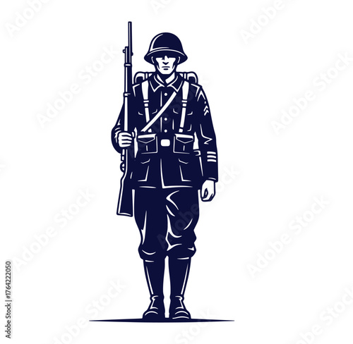 Vector illustration of a vintage soldier standing alert with rifle and military gear