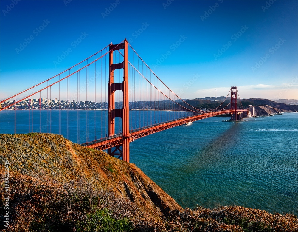 Naklejka premium Golden Gate Bridge Views: A Captivating Perspective from Marin Headlands, San Francisco with Bright Blue Skies
