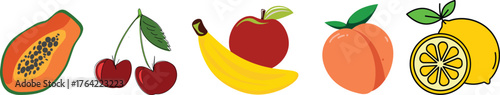 Food fruits glyph icon set. Vector pictograms of banana, strawberry, pineapple, watermelon, grapes, mango, blueberries, peach, cherry, lemon, avocado, pear, kiwi, black sign silhouette illustration. 