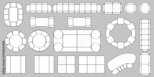 Collection of top down furniture layouts and seating arrangements for interior design planning