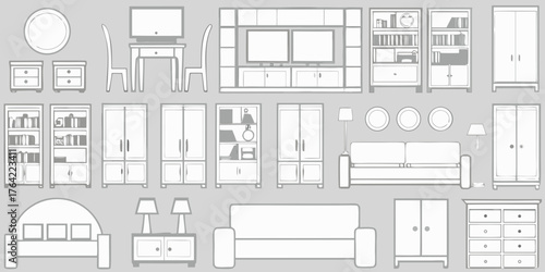 Collection of minimalist line art furniture icons for interior design and home decor concepts