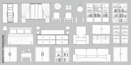 Collection of hand drawn line art furniture and home decor items for interior design