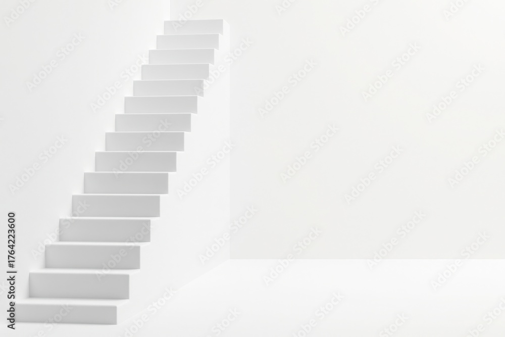 Fototapeta premium White staircase going up on clean background with soft lighting and space for text concept of growth progress goal and success