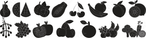 Food fruits glyph icon set. Vector pictograms of banana, strawberry, pineapple, watermelon, grapes, mango, blueberries, peach, cherry, lemon, avocado, pear, kiwi, black sign silhouette illustration. 