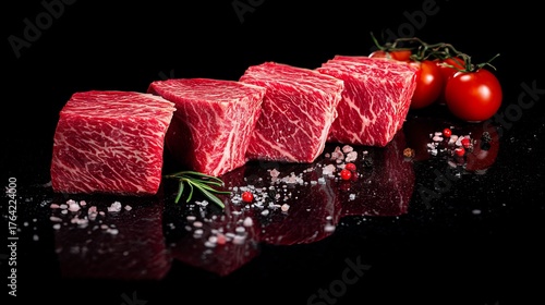 Raw Cubed Beef Steaks Prepared with Rosemary and Cherry Tomatoes on a Black Reflective for Cooking