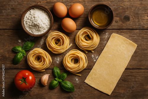 Ingredients for making traditional Italian tagliatelle pasta, with fresh flour, eggs, tomato, and basil on a wooden background