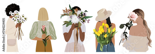 Minimalist vector illustration of diverse women holding flower bouquets in soft pastel tones. Elegant floral art celebrating femininity and diversity. Clean modern design on transparent background