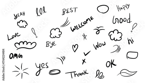 Hand drawn, doodle elements isolated on white background. doodle swash black line stroke, circle and arrow sign, stars, sparkles. vector illustration
