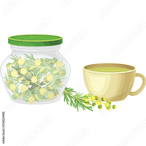 Herbal Remedy Jar With Green Lid Beside Cup of Green Tea and Fresh Artemisia Plant with Yellow Flowers on White Background