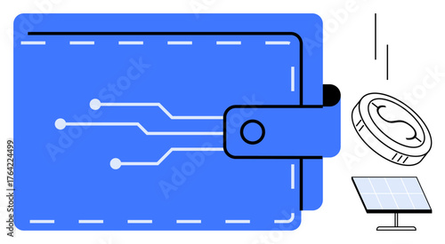 Blue digital wallet with circuit-thumbs up design, coin representing cryptocurrency, solar panel. Ideal for fintech, blockchain, energy, innovation, sustainability green tech economy. Simple flat