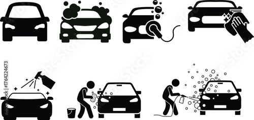 Car wash icons set. Simple black and white car wash sign icon Car wash icon black vector flat design set icons washing machine Car wash icons. Car wash vector icons set. Car cleaning service. EPS 10